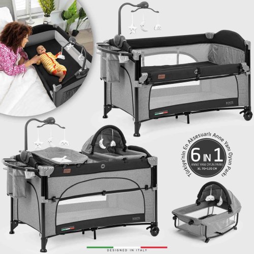 Elele Bonte 2 6in1 Lüks Anne Yanı Oyun Parkı Park Yatak XL 70x120 cm Gri-Siyah